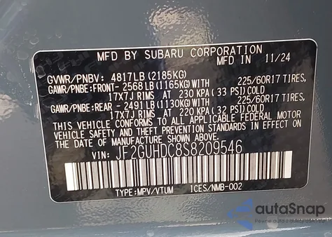 2025 Subaru Crosstrek Premium из США, поврежденный, VIN JF2GUHDC8S8209546